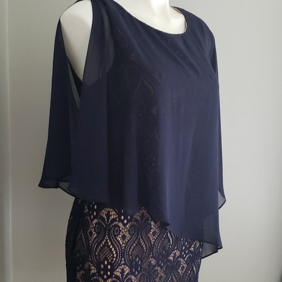 NWT Petite Chiffon Cape Overlay Lace Dress - Picture 2 of 7